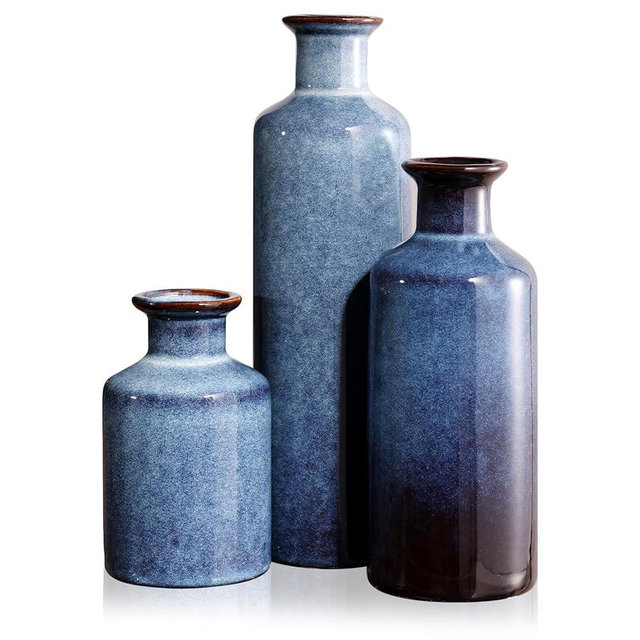 KEEWIIT Ceramic Vase Set of 3, Vintage Glaze, Available in Three Simple Colors and Sizes, Elegant Home Decor for Living Room, Bedroom, Office, and Table Centerpieces (Blue)