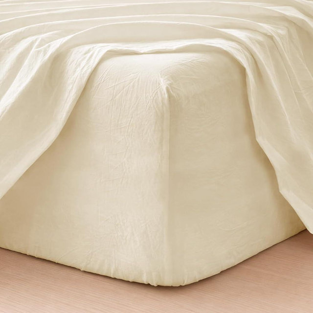 MooMee Fitted Bottom Sheet Only 100% Washed Cotton Linen Like Textured Breathable Durable Soft Comfy Deep Pocket Fits Mattress up to 17" (Cream White, King