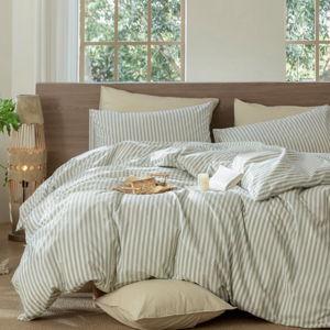 MooMee Striped Duvet Cover Set 100% Washed Cotton Linen Like Textured - Classic Stripes - Sage Green/White, King Duvet Cover + 2 King Pillowcases