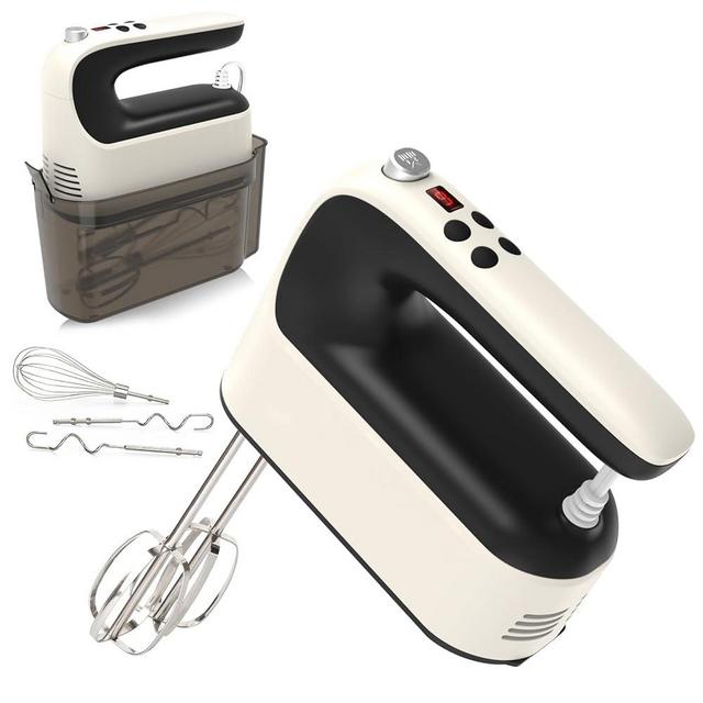 Yomelo 9-Speed Digital Hand Mixer Electric, 400W Powerful DC Motor, Baking Mixer Handheld with Snap-On Storage Case, 5 Stainless Steel Accessories, Flat Beaters, Dough Hooks, Whisk (Creamy&Black)