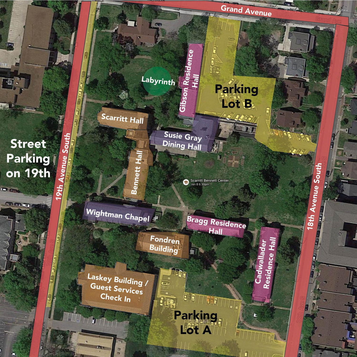 Parking map for the ceremony at Wightman Chapel at the Scarritt Bennett Center