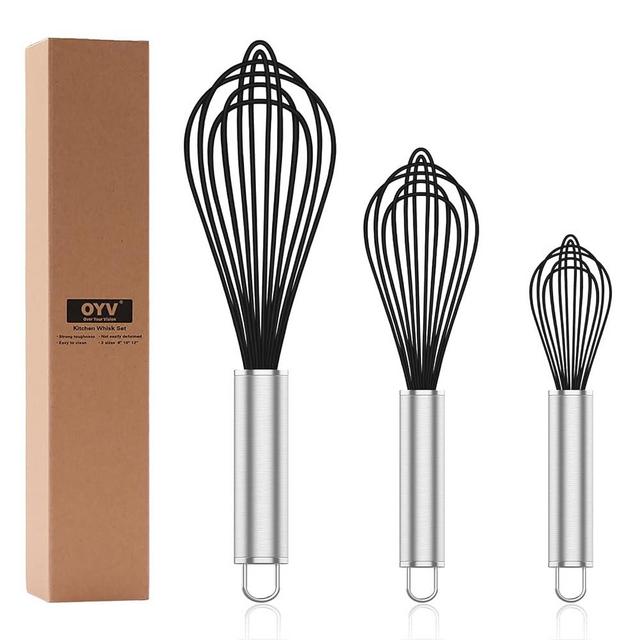 OYV Silicone Whisk,3 pack Professional whisks for cooking non scratch,Stainless Steel & Silicone wisk,plastic rubber whisk for nonstick cookware,small silicone whisk set,black