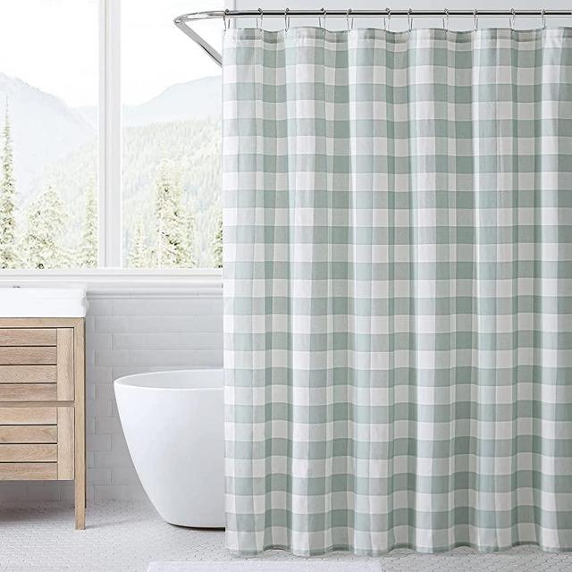 Eddie Bauer - Shower Curtain, Lightweight Cotton Bathroom Decor, Buttonhole Top (Cabin Plaid Green, 72" x 72")