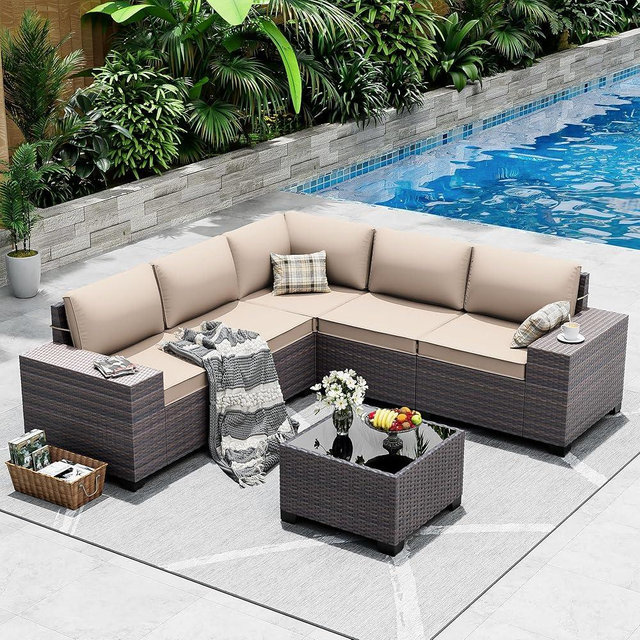 ASJMR Outdoor Patio Furniture Set, 6 Pieces Outdoor Sectional Furniture High Backrest Patio Sofa, All-Weather PE Rattan Patio Conversation Set with Coffee Table & Cushions-Sand.