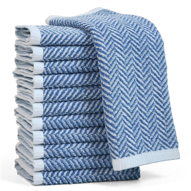 Cleanbear Wash Cloths for Your Face and Body, 12 Washcloths for Showering with Decorative Herringbone Stripes, 100% Cotton, Light Blue, 13 x 13 Inches