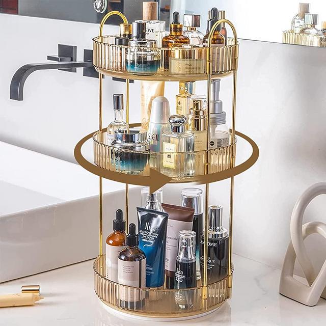shuang qing Rotating Makeup Organizer for Vanity 3 Tier, High-Capacity Skincare Clear Make Up Storage Perfume Organizers Cosmetic Dresser Organizer Countertop 360 Spinning （Gold）