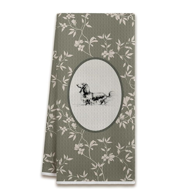 BJJRMM Sage Green Vintage Floral Dachshund Kitchen Dish Towels, Weiner Dog Gifts for Women, Cottagecore Dachshund Decorative Hand Tea Towels for Bathroom Kitchen, 16x24 Inches