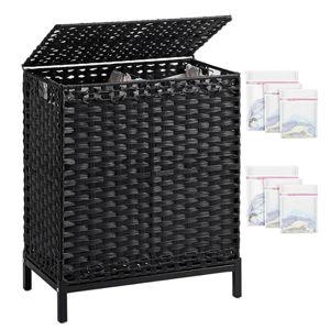 Laundry Hamper with Lid, 112 L Handwoven Rattan Wicker Laundry Basket, 2 Removable Liner Bags Metal Heightened Feet, 6 Mesh Bags, 2 Section Large Clothes Hamper for Bathroom Bedroom, Black