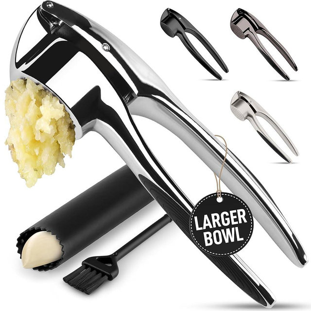 Zulay Kitchen Large Premium Garlic Press Set – Rust Proof & Dishwasher Safe, Bigger Bowl Garlic Mincer Tool with Silicone Garlic Peeler & Brush, Easy Squeeze & Clean, Ergonomic Handle - Chrome