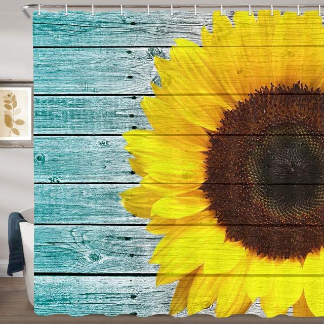 Sunflower Shower Curtain for Bathroom, Gold Sunflower on Rustic Wood Plank Spring Polyester Fabric Bath Curtain 72x72 inch Bathroom Set with Hooks Waterproof