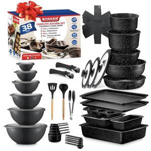 Bakken Master 38 Piece Granite Cookware & Bakeware Set – Nonstick Granite Coating, Pots and Pans with Detachable Handle and Tempered Glass Lids, 6-piece Bakeware set, 12-piece Mixing Bowls,Gray Marble