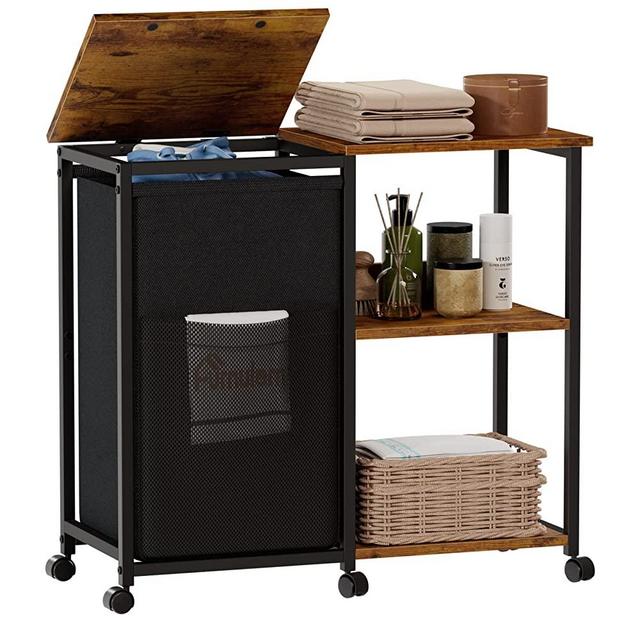 Furnulem Laundry Cart with Wooden Side Shelf and Laundry Bag, Laundry Hamper with Lid & Wheels, Rolling Laundry Basket with Side Pockets, Clothes Hamper Organizer for Bathroom, Bedroom, Laundry Room