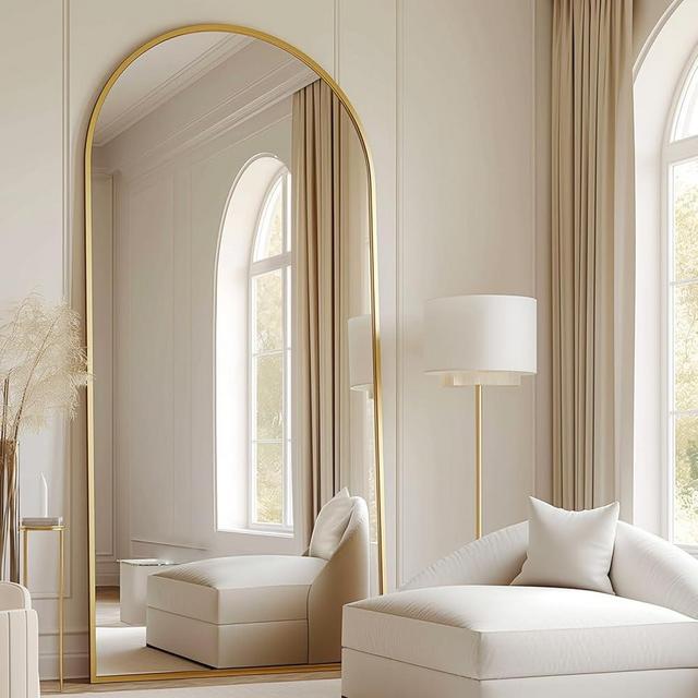 Prywot Arched Full Length Mirror 70" x 26" Free Standing Floor Mirror, Modern Full Body Mirror with Stand, Wall Mirror with Aluminum Alloy Frame for Bedroom,Living Room, Gold