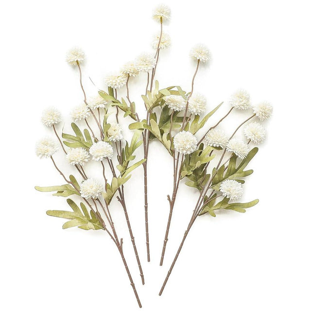 Floroom 5pcs Faux Silk Pompon Mum Artificial Flowers, Bulk Fake Mini Chrysanthemums with Stems for DIY Bouquet Centerpieces Wedding Fillers White Arrangements Shower Decorations, Ivory
