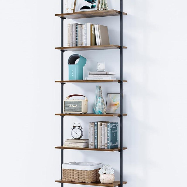 ODK 6-Tier Ladder Shelf, 87 Inches Wall Mounted Ladder Bookshelf with Metal Frame, Open Industrial Shelves for Home Office, Bedroom and Living Room, Rustic Brown