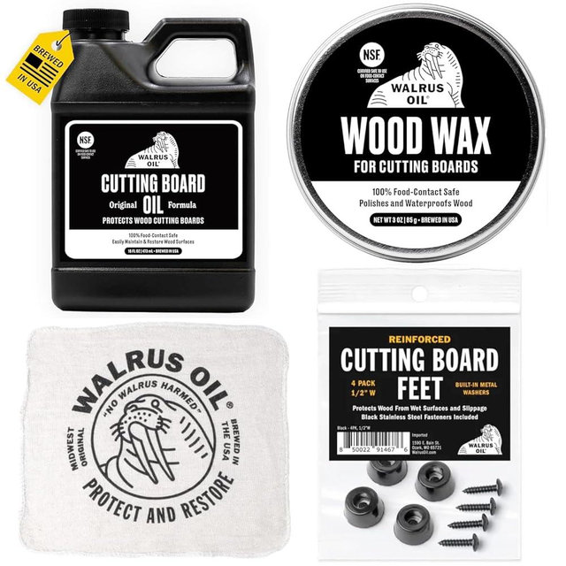 WALRUS OIL - Cutting Board Conditioner, Wood Wax, Cutting Board Feet, and Rag Set. For Cutting Boards, Butcher Blocks, Wooden Spoons, and Bowls. 100% Food-Contact Safe.