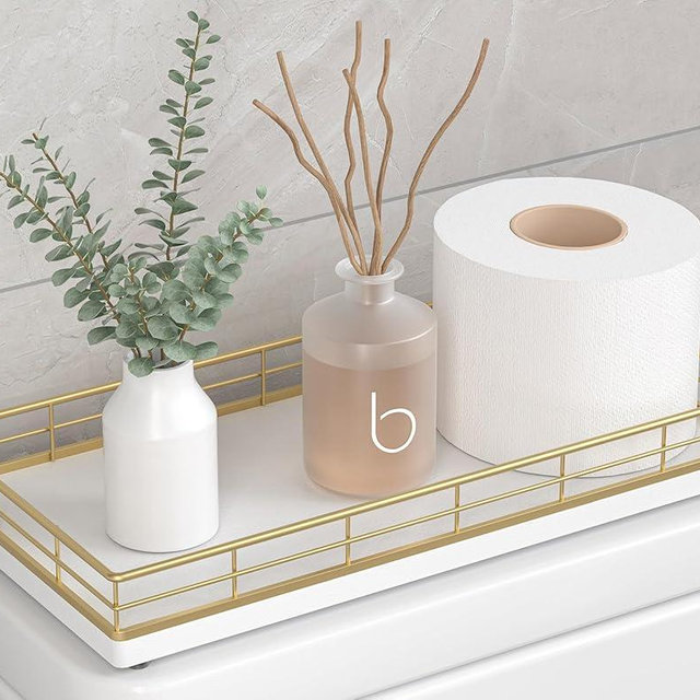 Toilet Paper Basket Organizer – Oak Wood Toilet Tank Tray with Metal Frame, Back of Tank or Top Bathroom Counter Storage – Gold & White Modern Decor