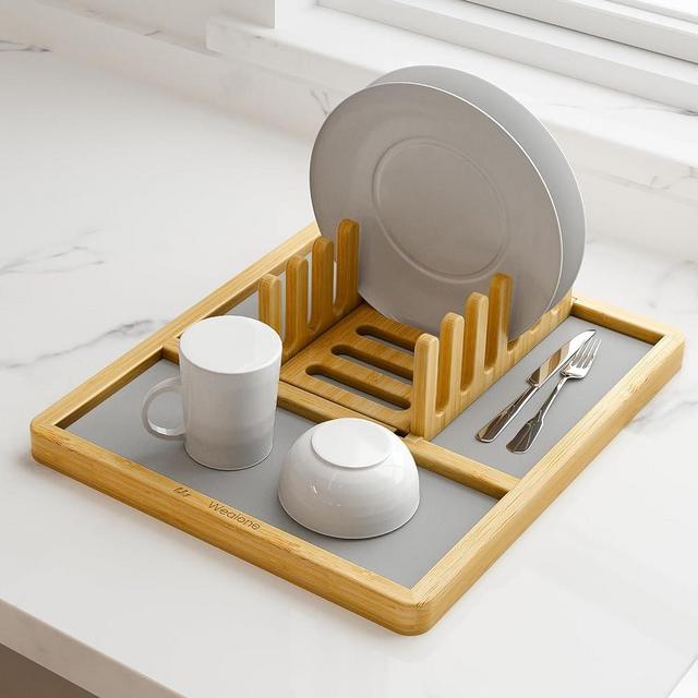 Wealone Stone Dish Drying Mat with Dish Rack for Kitchen Counter, Super Absorbent Diatomaceous Earth Dish Drying Mat, Bamboo Stylish Stone Dish Mat, Fast Drying Non-Slip Dish Rack for Dishes/Cups