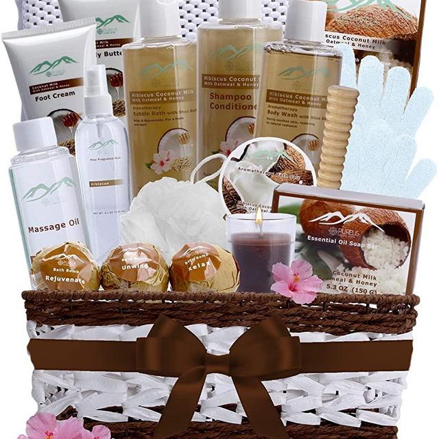 Hibiscus & Coconut Milk Bath & Body Spa Gift Basket for Women. Moisturizing Relaxation Bath Basket Filled with Loads of Natural Bath Goodies. Best Gift for Holiday, Birthday, Valentine's Day