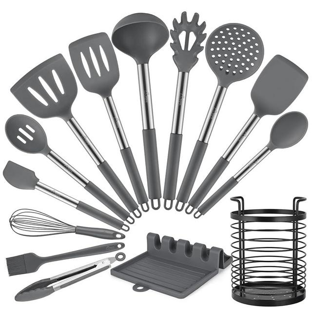 HOTEC Heat Resistant Silicone Kitchen Utensils, Cooking Utensil Set, Spatula Set, BPA Free, Kitchen Gadgets, with Stainless Steel Utensils Holder, Dishwasher Safe, 14pcs Grey