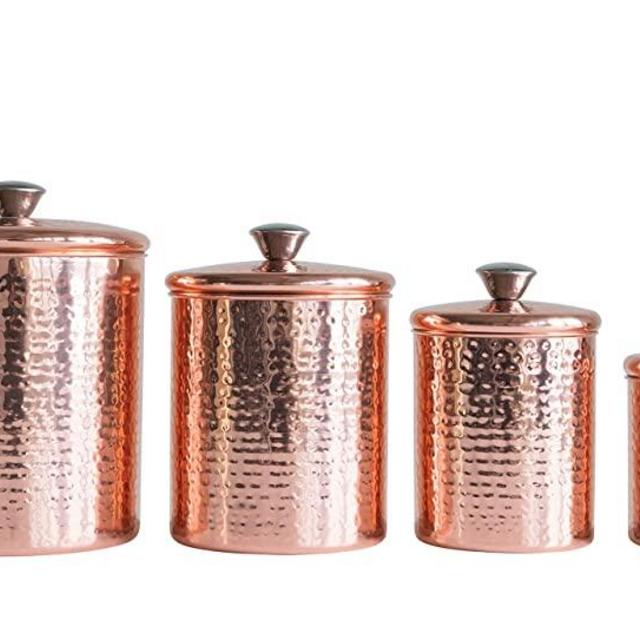 Creative Co-Op Hammered Stainless Steel Canisters with Lids in Copper Finish (Set of 4 Sizes)