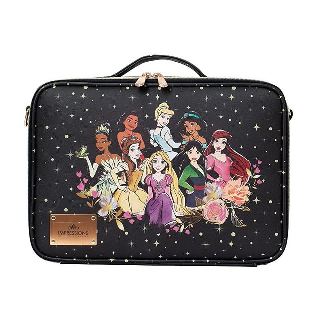 Impressions Vanity Disney Princess Midnight Makeup Organizer Bag with Adjustable Dividers, Handheld Cosmetic Bag with Badge Holder, Cosmetic Shoulder Travel Essentials Bag with Detachable Strap