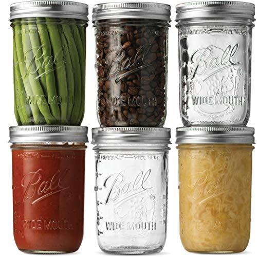 Ball Wide Mouth Mason Jars (16 oz/Pint capacity) [6 Pack] With Airtight lids and Bands - For Canning, Fermenting, Pickling, Freezing - Jar Decor. Microwave & Dishwasher Safe. + SEWANTA Jar Opener