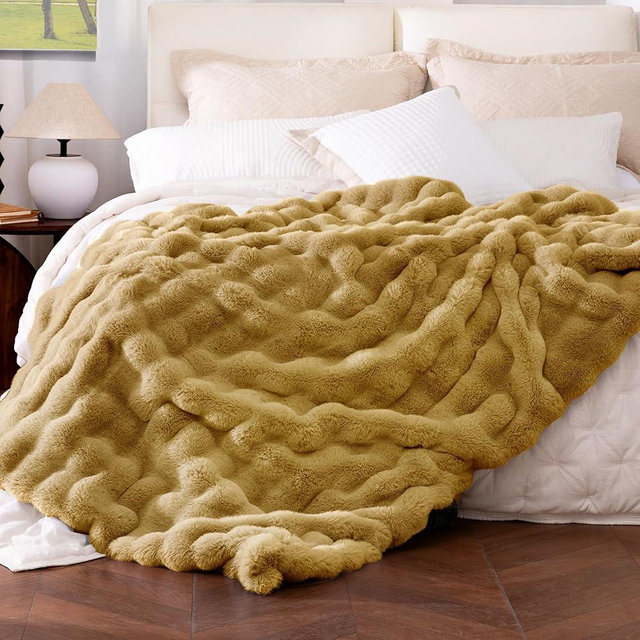 blunique Ultra Soft Cozy Faux Fur Throw Blanket, Fuzzy Plush Thick Bubble Blanket, Oversize Luxury Fluffy Blanket for Couch, Bed, and Living Room, 60x80 Inches, Dark Yellow