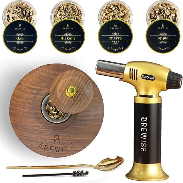 Brewise Cocktail Smoker Kit with Torch & 4 Kinds of Wood Chips to Infuse Whiskey, Bourbon, Cocktails & Wine - Whiskey Gifts for Men - Old Fashioned Smoker Kit Made of 100% Walnut (No Butane)