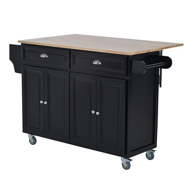 HOMCOM Rolling Kitchen Island on Wheels Ultility Cart with Drop-Leaf and Rubber Wood Countertop, Storage Drawer, Door Cabinet, Black