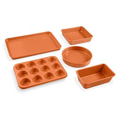 Gotham Steel 5 Piece Complete Copper Nonstick Bakeware Set with Durable Ceramic Coating, Heavy Duty 0.8MM Gauge Dishwasher Safe, Includes XL Cookie Sheet, Muffin Pan, Loaf Pan & Round Baking Tray