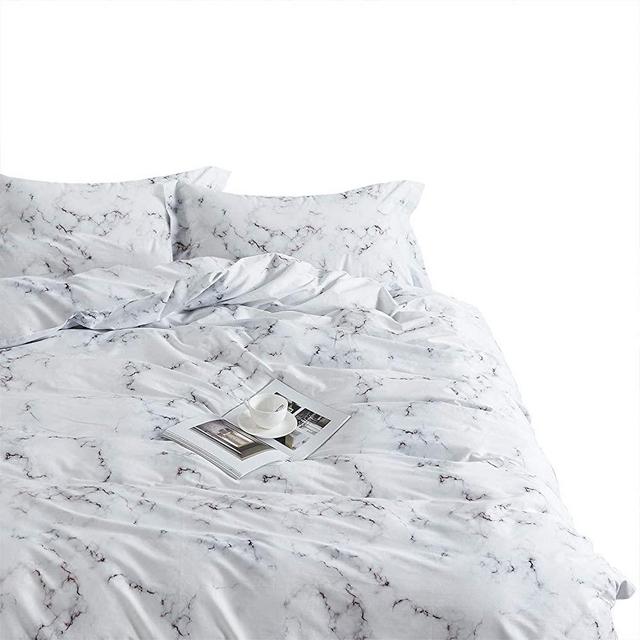 Wake In Cloud - Marble Comforter Set, 100% Cotton Fabric with Soft Microfiber Fill Bedding, Black White and Gray Grey Modern Pattern Printed (3pcs, Queen Size)
