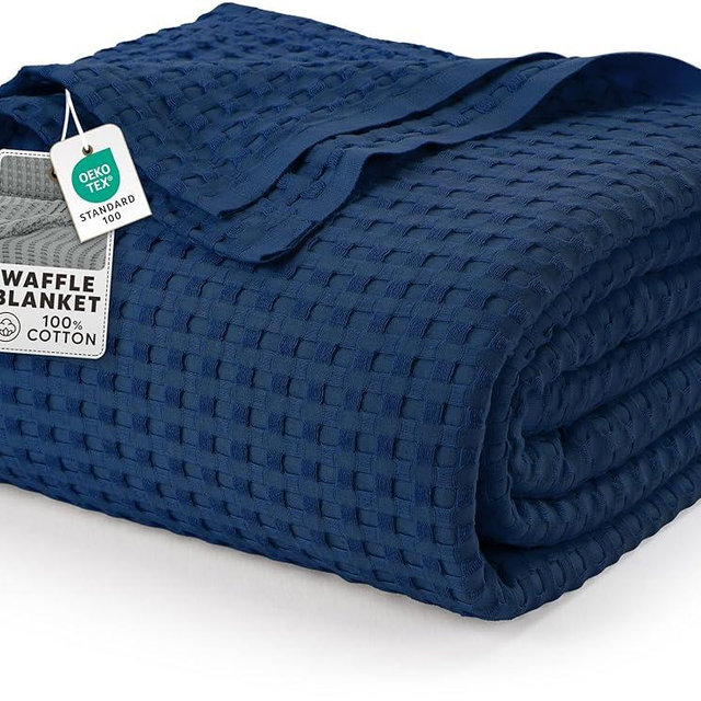 Utopia Bedding 100% Cotton Waffle Weave Blanket Big Size for Bed - Lightweight, Breathable Summer Blankets Soft and Cozy, Gift for Mother’s Day Home Decor (Navy, 120x120 Inch)