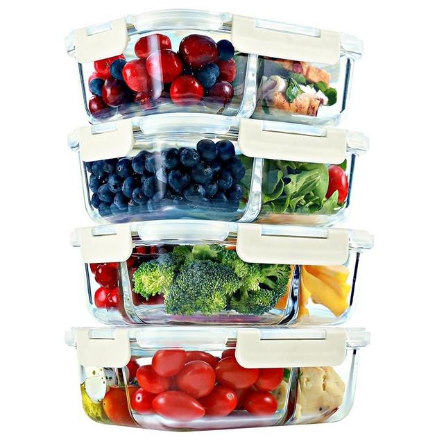 FIT Strong & Healthy 2 & 3 Compartment Glass Meal Prep Containers (4 Pack, Beige) - Glass Food Storage Containers with Lids, Glass Bento Box, Portion Control, Airtight, Oven & Freezer safe