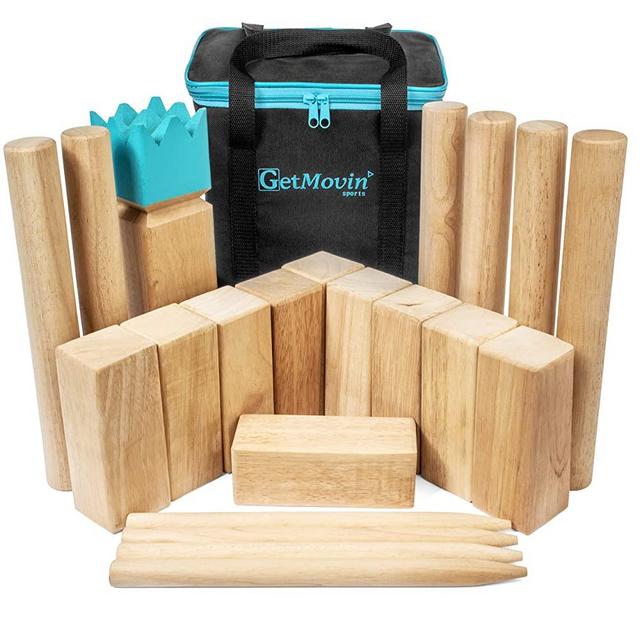 GetMovin' Sports Kubb Premium Rubberwood Set, Viking Chess Fun Outdoor Yard Game, Giant Board Game for The Beach, Lawn, or Party