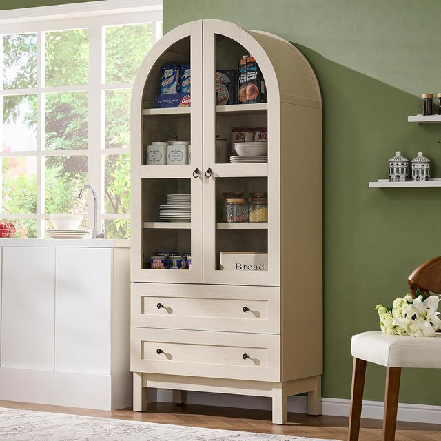 IFGET 71" Tall Arched Kitchen Pantry Cabinet, Wood Kitchens Storage Cabinets with 2 Large Drawers and Adjustable Shelves, Modern Farmhouse Versatile Cupboard for Kitchen, Dining Room, Bathroom, Cream