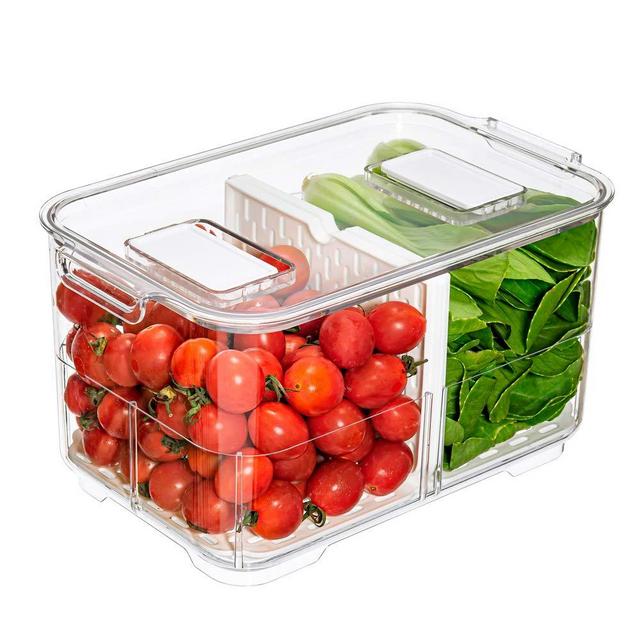 Slideep 9'' Food Storage Containers, 2 Tier Stackable Fridge Produce Saver with Lids, Removable Drain Tray Drawers Refrigerator Produce Keeper with Strainer for Veggie, Berry, Fruits, Vegetables