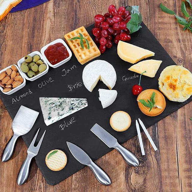 Large Slate Cheese Board and Knife Set, 7 pc w/ FREE 3 Ceramic Bowls, Cheese Platter Slate Board, Cheese Serving Board, 4 Stainless Steel Knives, 2 Soap Stone Chalks, 16" X 12" (7 piece+3)
