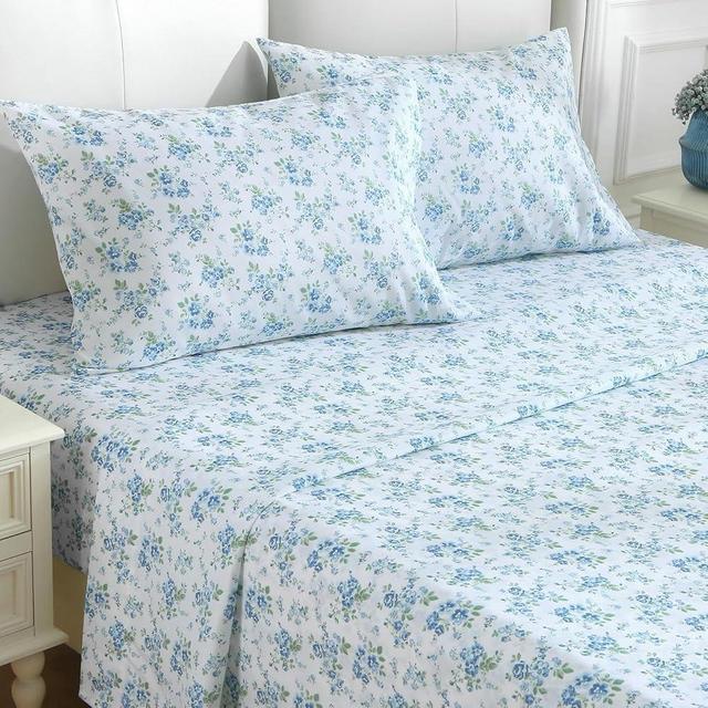 MUXHOMO Queen Size 4 Piece Sheet Set, Soft Breathable Bed Sheet Set for Bedroom with Deep Pocket Up to 16", Wrinkle-Free & Cooling Bedding for Oeko-TEX Certified - Blossoms Light Blue