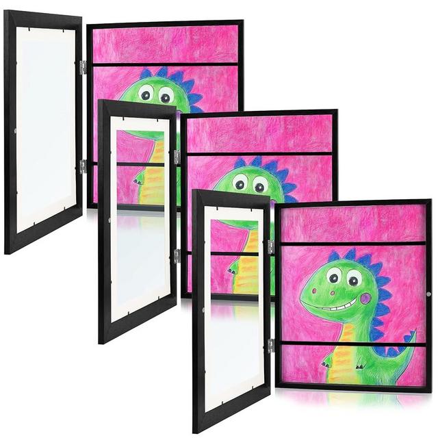 Zenacolor Kids Artwork Frames Changeable - Front-Opening to Display & Store 100 pcs - Set of 3 Kids Art Frame Includes Wall Hooks & Stand - 10x12.5 cm - Black