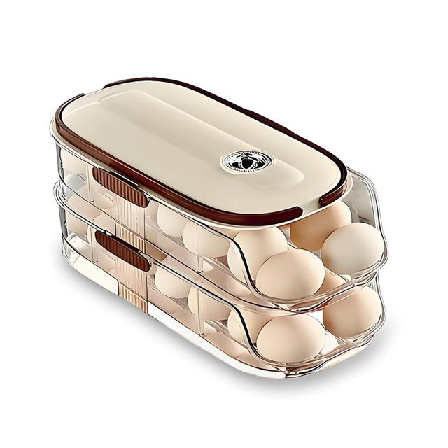 Egg Holder for Fridge with Lid and Handle，automatic Rolling Egg Dispenser for Refrigerator,Stackable egg organizer for refrigerator, Countertop, Kitchen & Outdoor Use or Pantry Storage,Timed Freshness