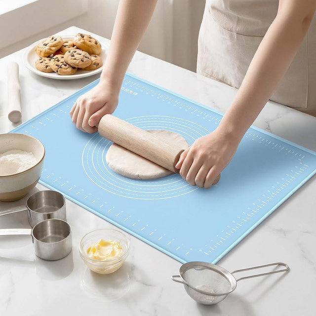 Silicone Baking Mat 24x16 Inches | Extra Thick Dough Rolling Mat with Measurements and Edge Heightening | Non-Stick Food Grade Pastry Mat for Pastry, Bread, Cookies, Pizza, Fondant & Pasta