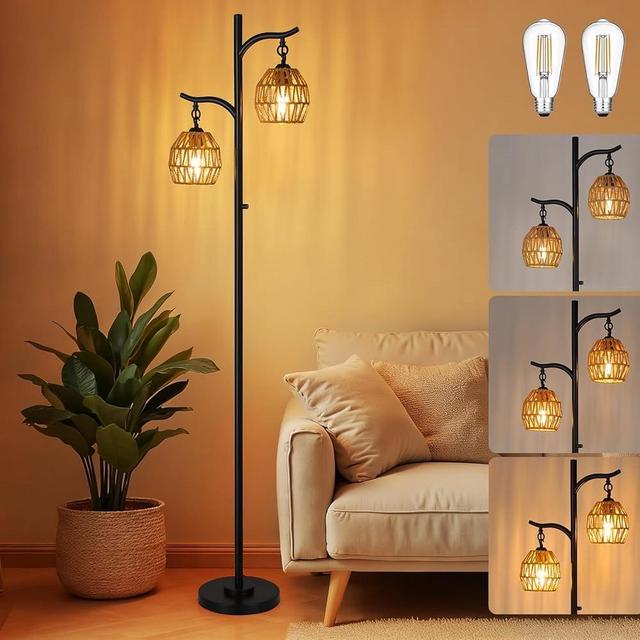 9MMML Rattan Floor Lamp for Living Room, Boho Floor Lamp with 2 Hanging Rattan Lamp Shade, 67'' Farmhouse Dimmable Black Standing Lamp with Rotary Switch for Bedroom, 2 x 800LM LED Bulbs Included