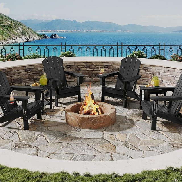Folding Adirondack Chair Set of 4 with 2 Side Table, All-Weather HDPE Outdoor Chair, Wooden Textured with Cup Holder for patios, Decks, Gardens, fire pits, Black