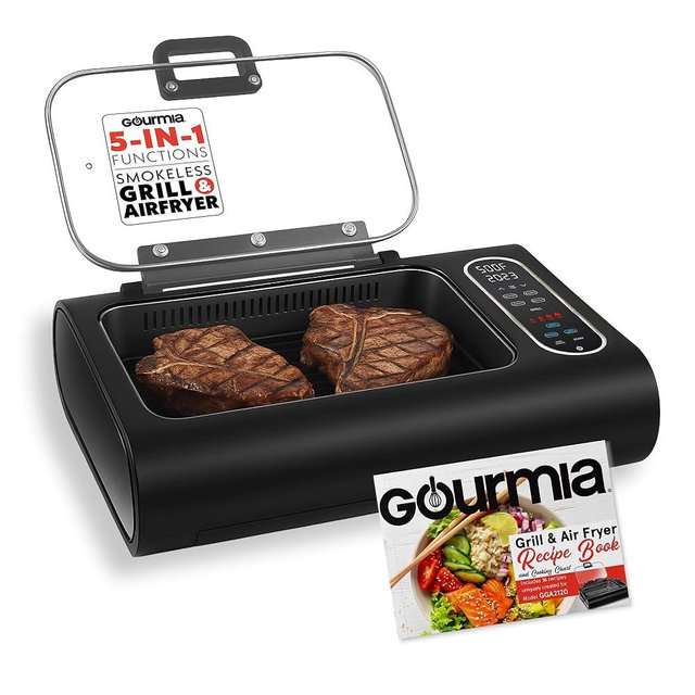 Gourmia Smokeless Indoor Grill & Air Fryer with Recipe Book – Electric Grill for Indoor Use, 5‑in‑1 Countertop Cooker, Cast-Iron Grate, 1650W, Glass Lid, Dishwasher-Safe Plates
