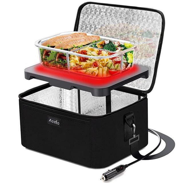 Aotto Portable Oven | 12V 24V Car Truck Food Warmer | Mini Personal Electric Heated Lunch Box for Cooking and Reheating Meals for Work, Road Trip, Camping, Traveling, Picnic (Black)