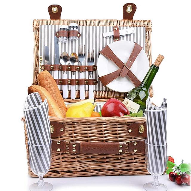 SatisInside New 2020 USA Insulated Deluxe 16Pcs Kit Wicker Picnic Basket Set for 2 People - Reinforced Handle - Grey Stripes