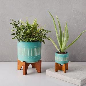 Mid-Century Turned Leg Tabletop Planter, Turquoise, Large