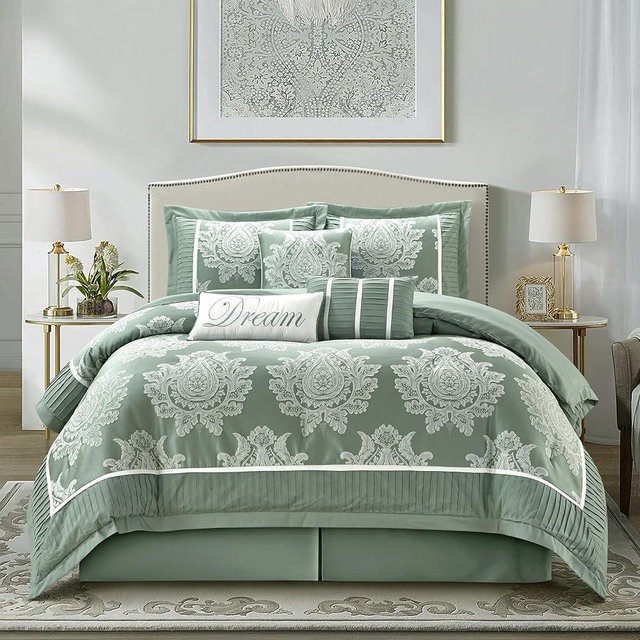 Stratford Park Sage 7PC Comforter Set King Size, Jacquard with Matching Solid Piecework Bedding Set, All Season, Bedskirt, Pillows & Shams