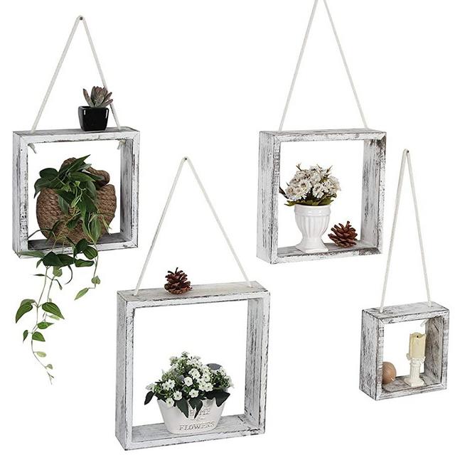J JACKCUBE DESIGN Floating Hanging Square Shelves Wall Mounted Rustic Wood Cube Display Shelf Shadow Boxes Decorative Boho Home Décor for Living Room, Bedroom, Office, Set of 4 (White) - MK571C